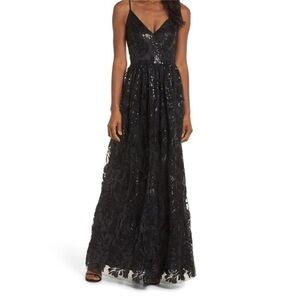 ELIZA J Sequin Embroidered Mesh Evening
Black Long  Dress 4